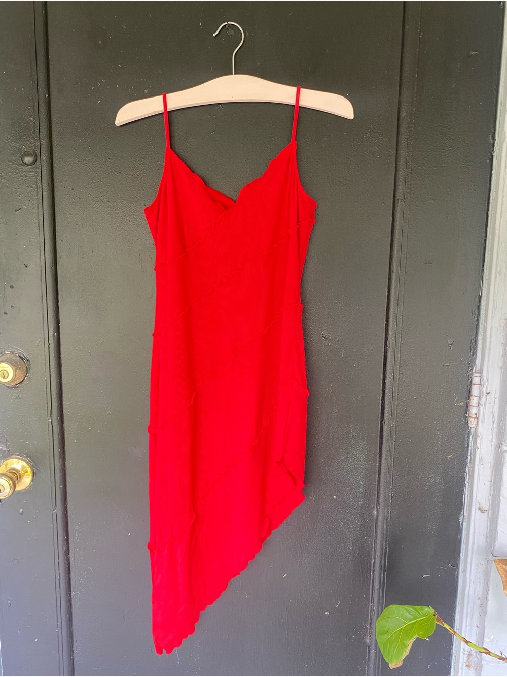 HALARA Red Asymmetrical Slip Dress with Spaghetti Straps
